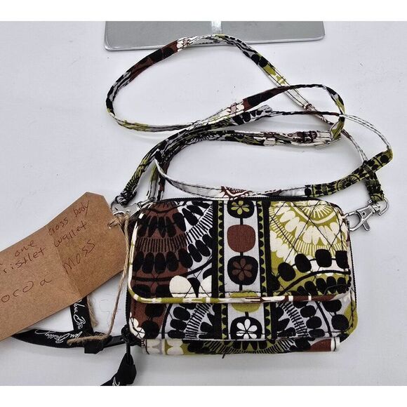 Vera Bradley Crossbody Wristlet Wallet - Black & White Floral Pattern Cocoa moss - Picture 1 of 10